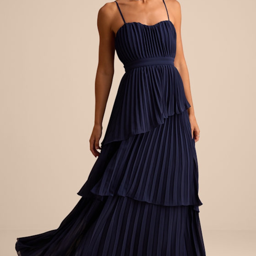 Lulus Jehona Navy Blue Pleated Tiered Maxi Dress - Size S